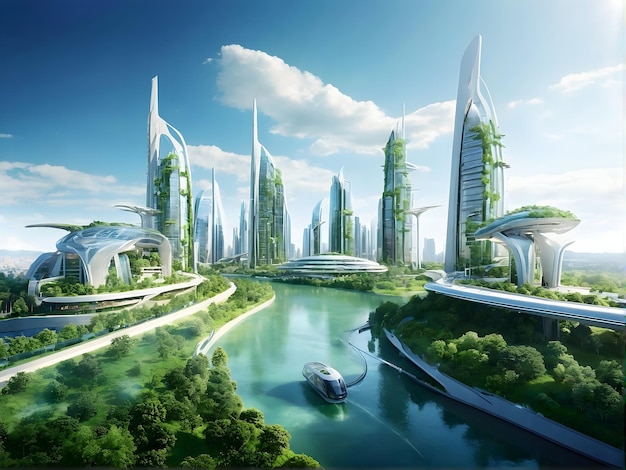 Ciudad futurista con árboles de agua rascacielos y diseño urbano