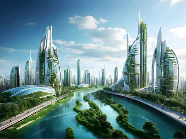 Ciudad futurista con árboles de agua rascacielos y diseño urbano