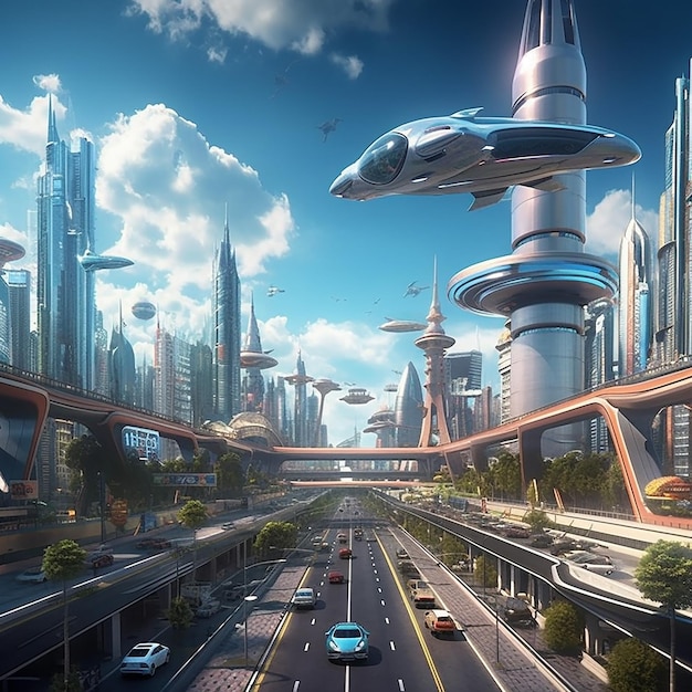 Una ciudad futurista con un auto azul y un gran auto volador encima.