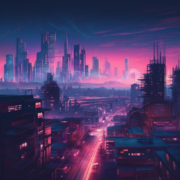 Ciudad futurista con un cielo rosa y un ai generativo de brillo púrpura