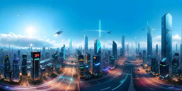 Ciudad futurista de ciencia ficción panorámica de 360 grados