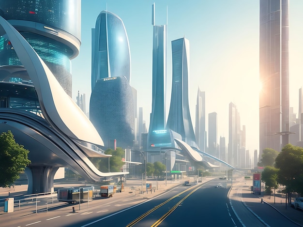 Ciudad futurista ciudad vista aérea renderización en 3D