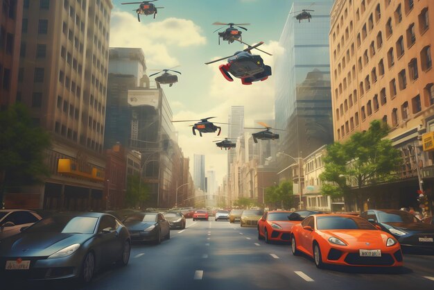Foto ciudad futurista con coches voladores red neuronal arte generado por ia