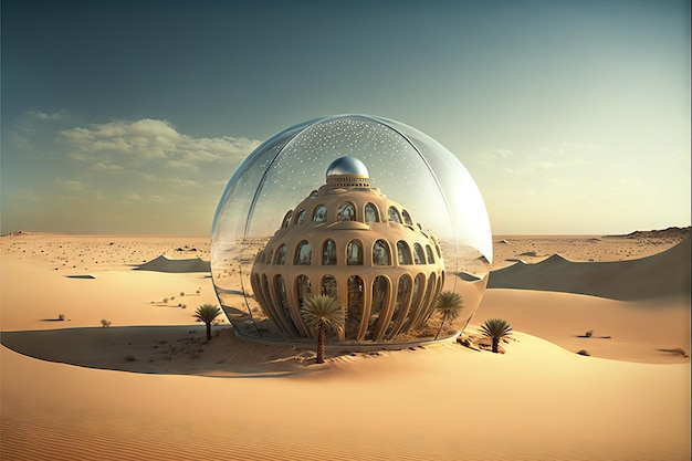 Ciudad futurista bajo una cúpula transparente en el desierto creada con IA generativa