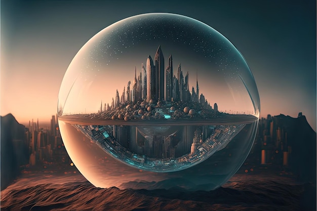 Ciudad futurista bajo cúpula transparente en tierra quemada creada con ai generativa
