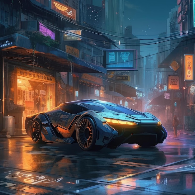 Ciudad futurista de Cyberpunk con ilustración de arte conceptual de auto súper exótico