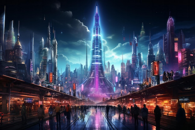 Ciudad futurista cyberpunk llena de luces de neón por la noche Ilustración futura retro en un estilo