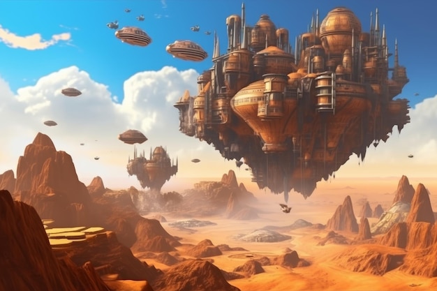 Ciudad futurista del desierto en un acantilado con naves espaciales voladoras Ilustración de fantasía 3D AI generativa