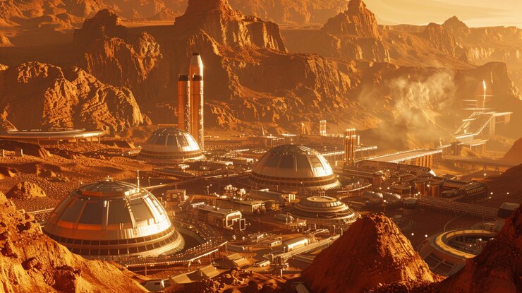 ciudad futurista en un desierto con una montaña en el fondo generativa ai