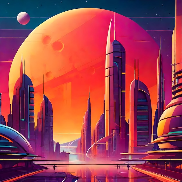 Ciudad futurista bajo una doble luna o sol imagen de ilustración Imagen de stock AI Generar imagen