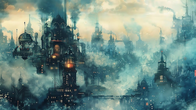 Una ciudad futurista con edificios altos y humo