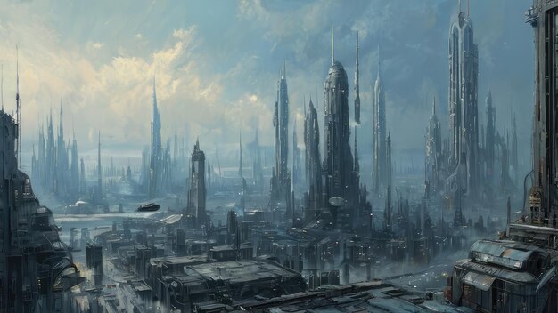 Ciudad futurista con edificios altos y naves espaciales en el cielo azul toning gris de la ciudad futurista