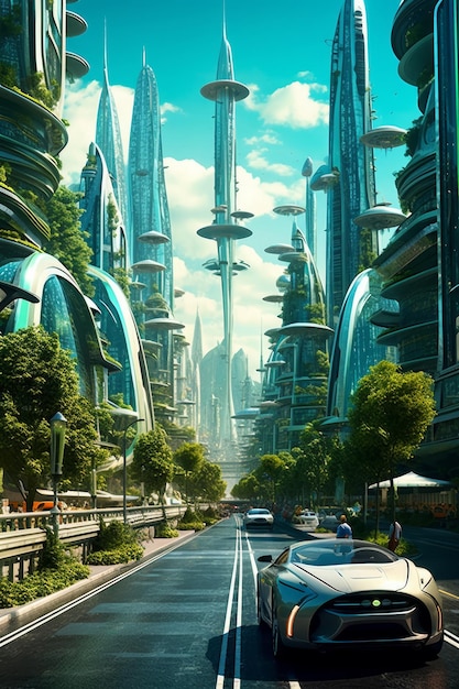 Una ciudad futurista con edificios altos