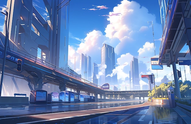 Ciudad futurista con edificios elegantes, arte de anime.