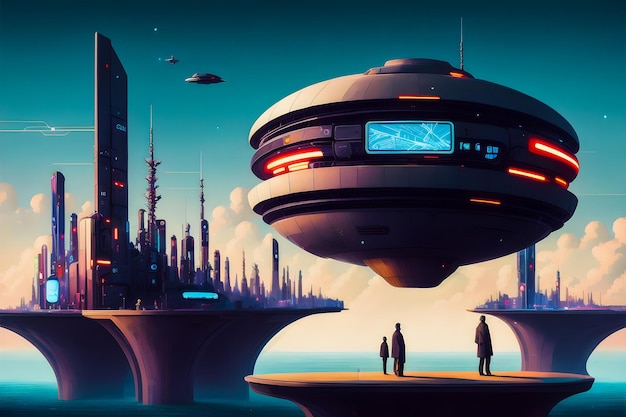 Ciudad futurista Edificios Funky Cyberpunk ilustración de arte moderno IA generativa