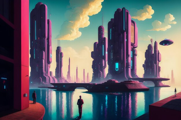 Ciudad futurista Edificios Funky Cyberpunk ilustración de arte moderno IA generativa