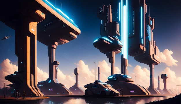 Ciudad futurista Edificios Funky Cyberpunk ilustración de arte moderno IA generativa