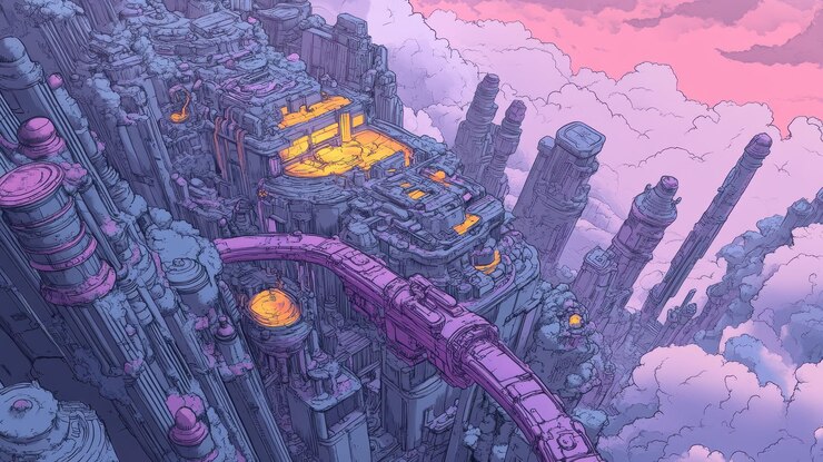 Una ciudad futurista por encima de las nubes con procesamiento de mineral fundido