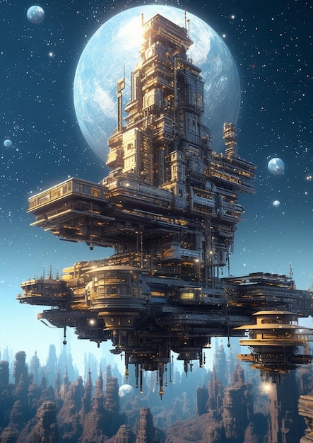 ciudad futurista con una enorme luna en el fondo ai generativa