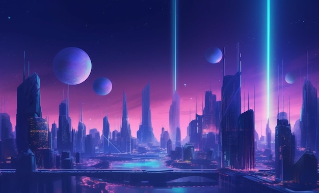 Foto la ciudad futurista con un espacio de color azul y morado y un fondo planetario generado por ai