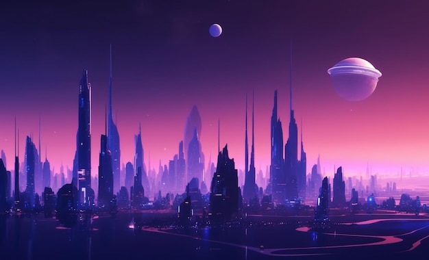 la ciudad futurista con un espacio de color azul y morado y un fondo planetario generado por ai