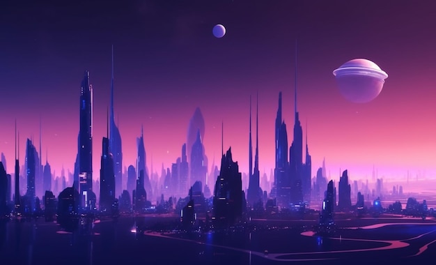 Foto la ciudad futurista con un espacio de color azul y morado y un fondo planetario generado por ai