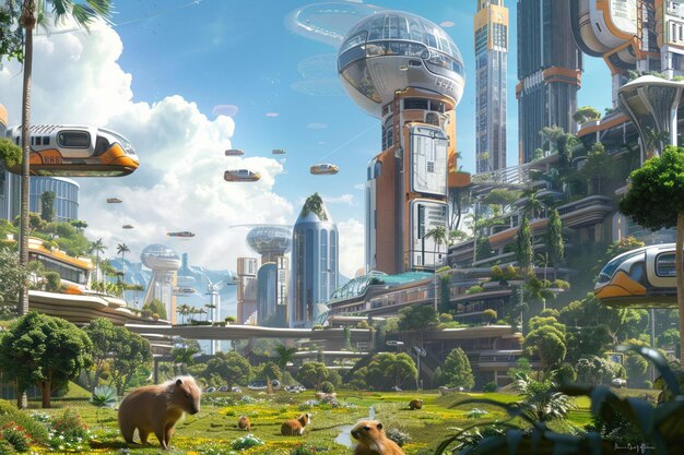 Ciudad futurista con fauna exótica Capybaras vagando entre rascacielos de cristal parques exuberantes