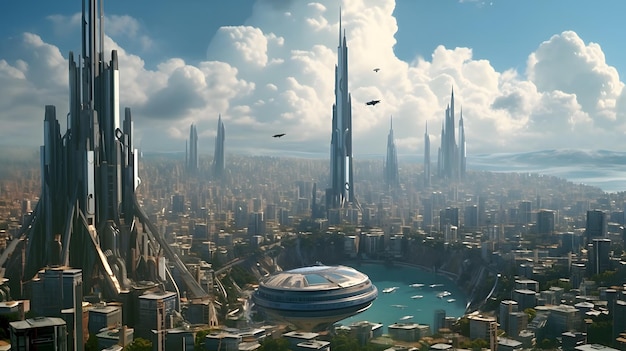 Una ciudad futurista con un fondo de cielo y un avión volando en el cielo