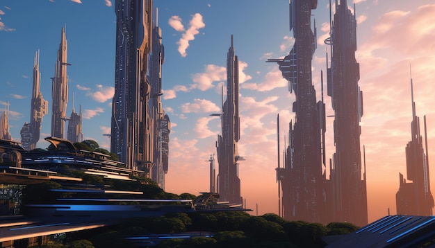 Una ciudad futurista con fondo de cielo