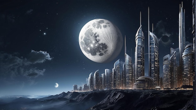 Una ciudad futurista con una gran luna en el fondo