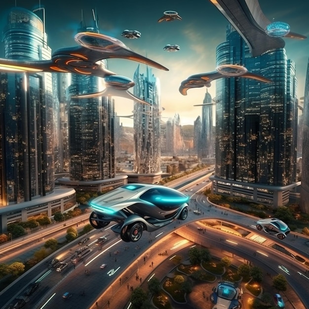 ciudad futurista con grandes edificios y autos voladores