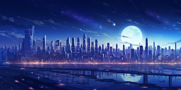 Ciudad futurista en la ilustración de noche