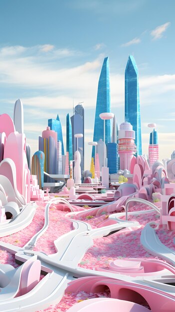 Ciudad futurista en ilustración rosa y azul