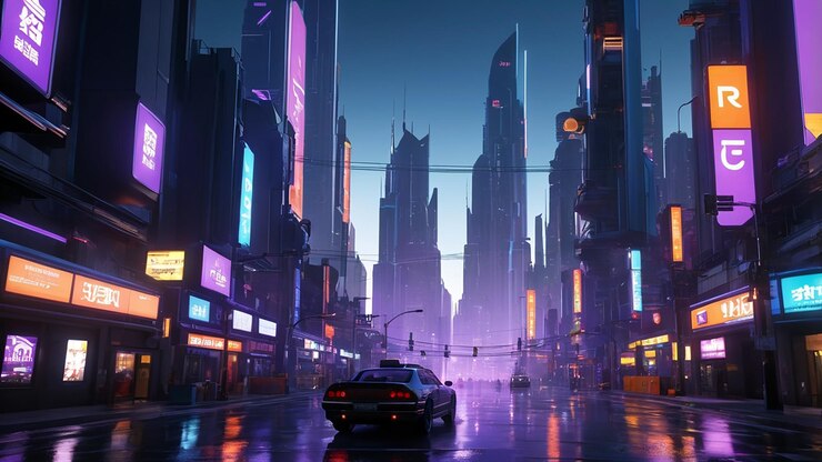 Una ciudad futurista llena de altos rascacielos vehículos voladores y luces de neón brillantes al anochecer