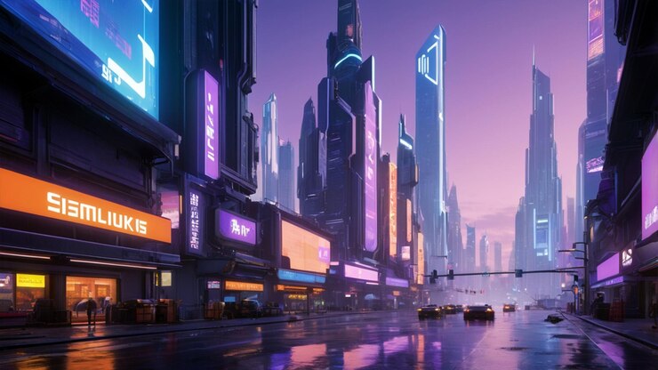Una ciudad futurista llena de altos rascacielos vehículos voladores y luces de neón brillantes al anochecer