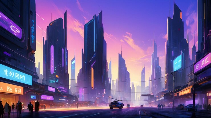 Una ciudad futurista llena de altos rascacielos vehículos voladores y luces de neón brillantes al anochecer