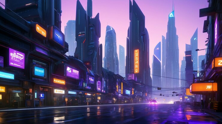 Una ciudad futurista llena de altos rascacielos vehículos voladores y luces de neón brillantes al anochecer