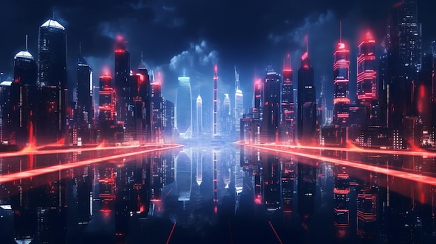ciudad futurista con luces de neón reflejándose en el agua por la noche ai generativo