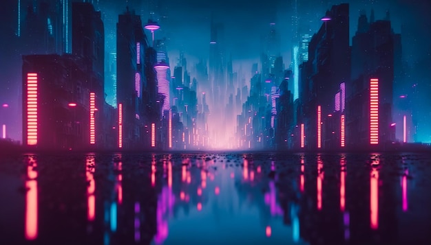 Ciudad futurista con luz de neón de la calle de la ciudad iluminada rosa y azul