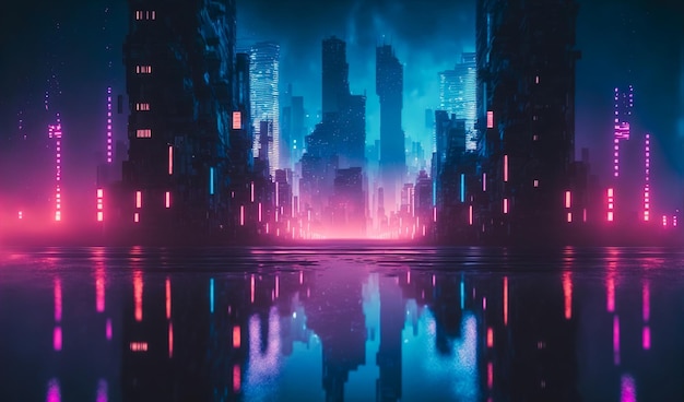 Ciudad futurista con luz de neón de la calle de la ciudad iluminada rosa y azul