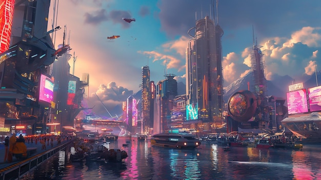 ciudad futurista con un montón de luces y un barco en el agua generativa ai