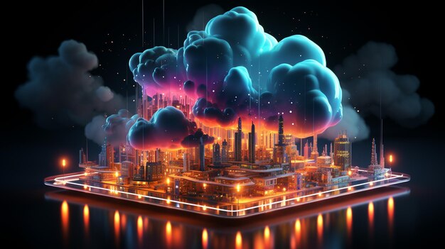 una ciudad futurista con muchas nubes flotando sobre ella ai generativa