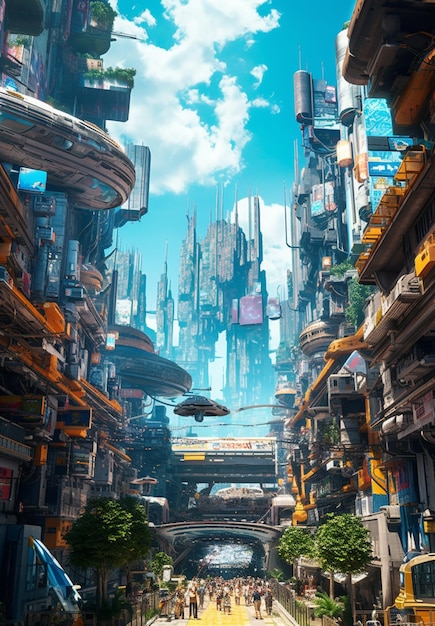 Ciudad futurista con muchos edificios altos y un fondo generativo del cielo ai