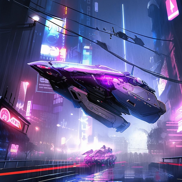 Ciudad futurista con una nave espacial futurista que vuela sobre una ciudad en la noche generativa ai