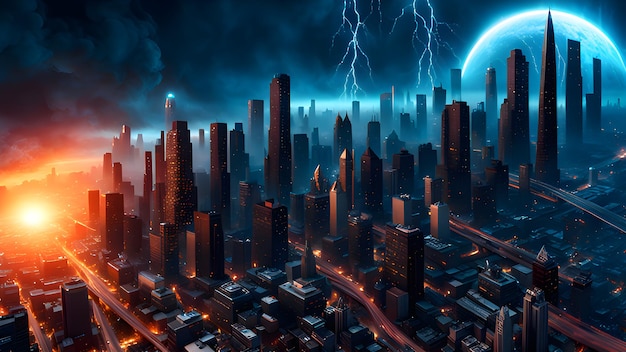 Ciudad futurista en la noche al estilo de Spielberg