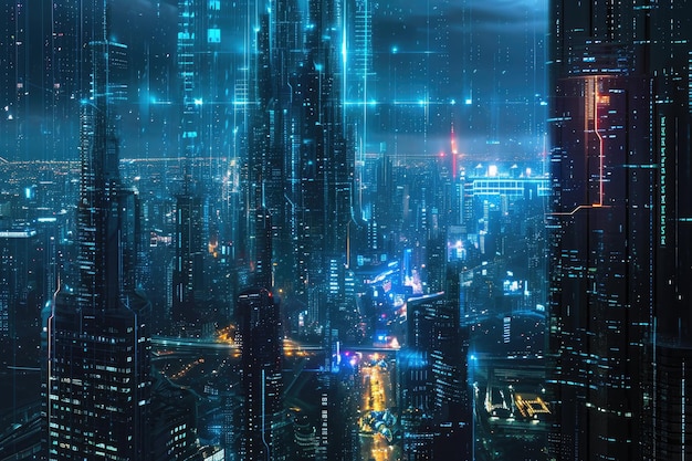 Una ciudad futurista por la noche iluminada con luces vibrantes una ciudad futurista donde todas las transacciones y actividades se rigen por la tecnología blockchain AI generada