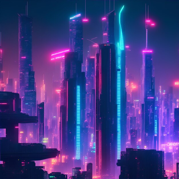 Ciudad futurista en la noche con luces de neón 3D Rendering
