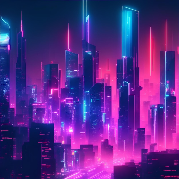 Ciudad futurista en la noche con luces de neón 3D Rendering