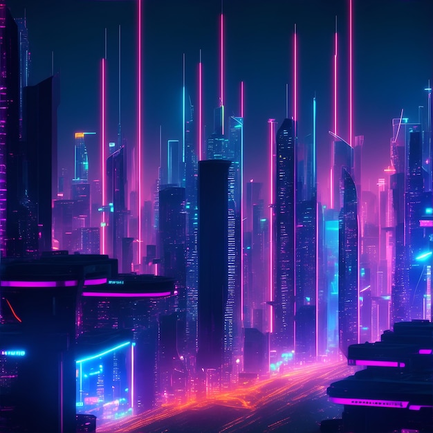 Ciudad futurista en la noche con luces de neón 3D Rendering