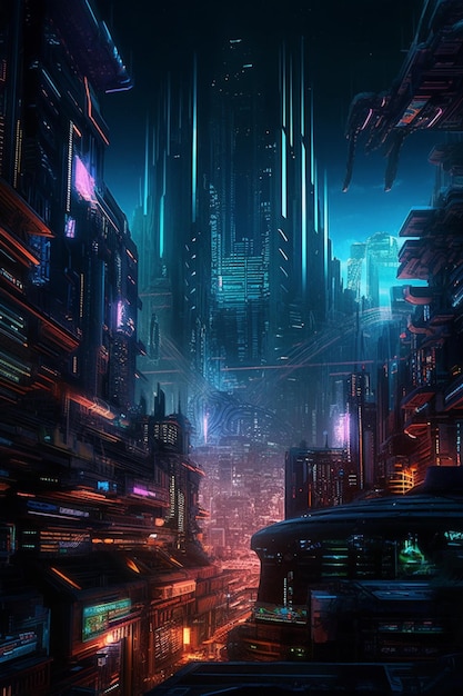 ciudad futurista por la noche con luces de neón y un rascacielos futurista generativo ai